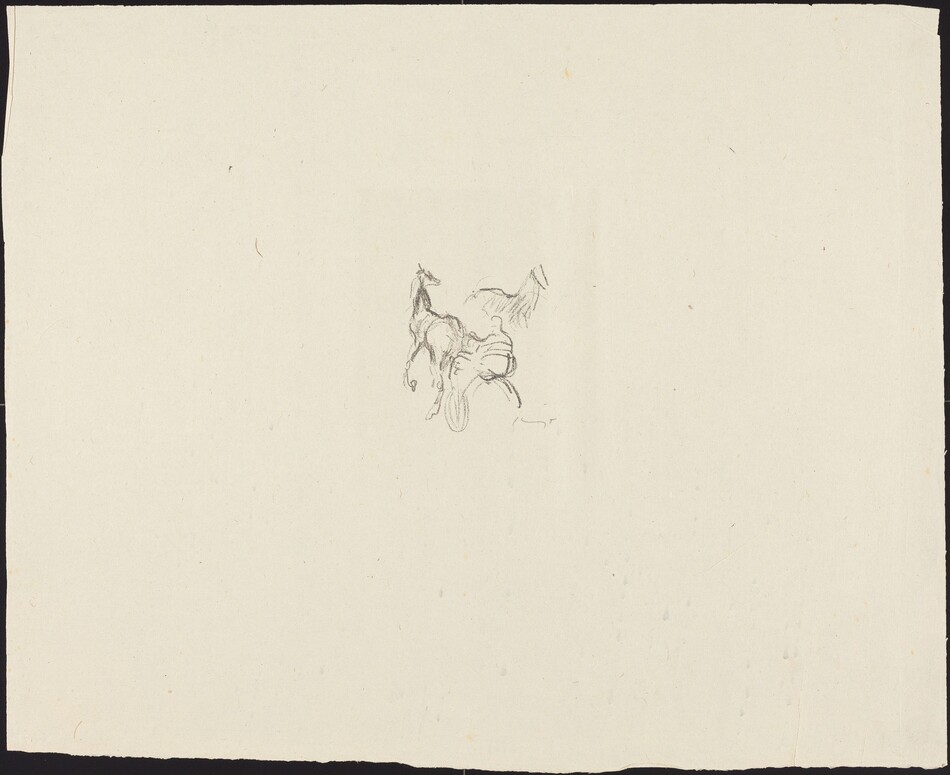 The image shows a collection of delicate, wispy lines converging and meandering across the canvas. The lines form an abstract representation within the central area of a mostly empty field, hinting at the form of a galloping horse. The curves suggest legs in motion and the faint outline of a flowing mane. These elements evoke the image of a horse in fluid movement in an abstract style.