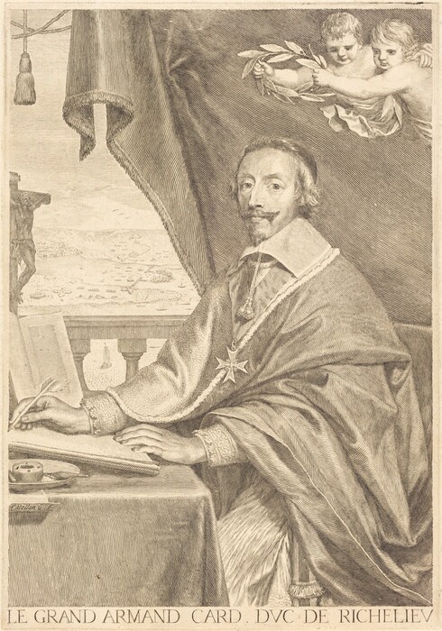 The image shows a man from the waist up seated behind a table. He is in a side profile position with his body slightly turned towards the viewer, holding a quill pen above a document. His facial features include a mustache and a patch of chin hair, with high cheekbones and a thoughtful expression. He has short, slightly wavy hair brushed back. The man is wearing an ornate robe with an embroidered cross on the chest and a decorative chain around his neck. A draped curtain with a tassel is behind him, and there is a view of a seascape in the background. Two cherubs with a laurel wreath are above him.