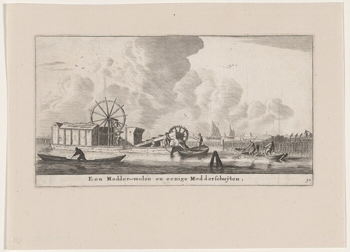 The image shows an industrial scene by the water. The horizon is high in the composition, with buildings and structures featuring wheel mechanisms. The sky has detailed clouds. The scene is rendered in a monochromatic gray palette with fine lines for textures. A figure rows a boat, other boats are seen with people working. Boats with sails are scattered in the distance.