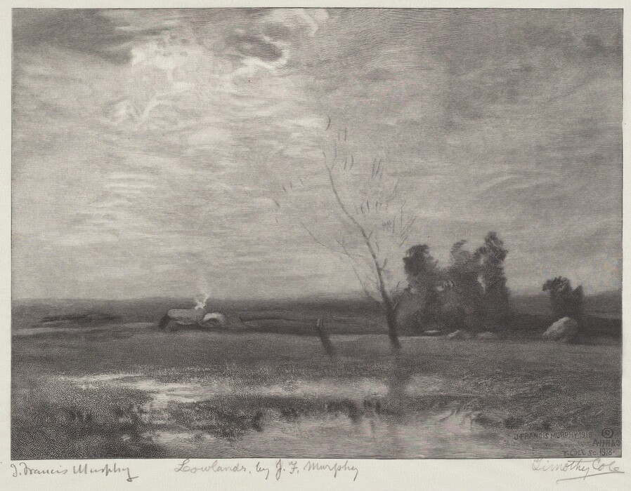 This print displays a landscape with a wide view of flat land stretching towards the horizon. The ground is covered in small black dots, with some bare patches in the bottom center. A few silhouetted trees and a hint of smoke coming up from behind some rocks are visible in the distance. The gray sky dominates the scene with soft, swirling clouds.