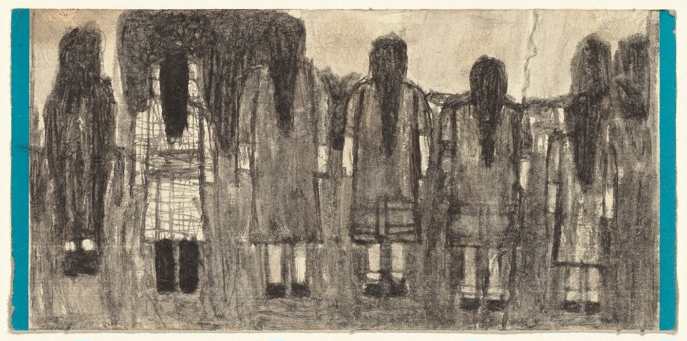 The image shows a series of vertical and slightly curving lines that form elongated shapes. The shapes evoke figures standing together. The composition resembles a gathering of people, possibly dressed in long coats or robes. Darker areas suggest hair cascading down the figures' backs. The figures lack distinct facial features. The lines in the figures are arranged in a way that resembles an old group photograph, with each form tightly aligned next to the other. This creates a sense of uniformity and cohesion among the shapes.