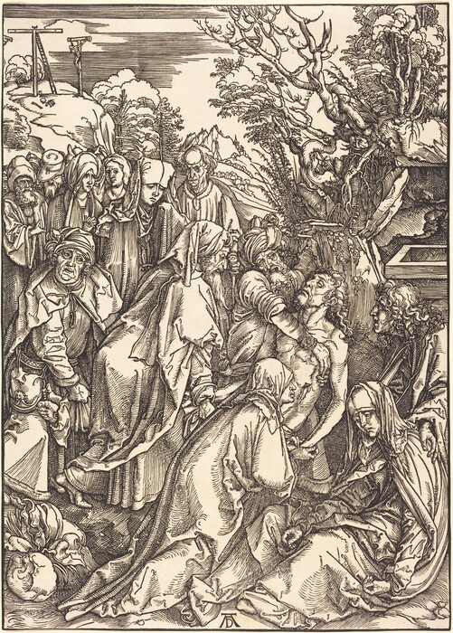 This is a drawing of a group of people gathered around a central figure. The drawing is intricately detailed in a monochromatic color scheme. The scene features various expressions and interactions among the figures, set against a mountainous landscape with trees and a sky. A crucifix can be seen in the far left of the composition. The style resembles that of Albrecht Dürer, showing detailed linework and a blend of movement and stillness within a historical or religious context.