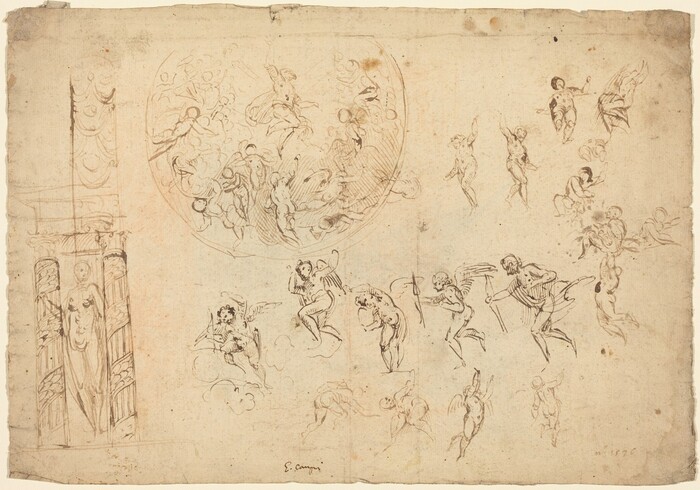 This is a collection of sketches on aged paper showcasing various human forms and mythical creatures. The central oval composition features swirling clouds and figures, surrounded by smaller sketches of cherubic or angelic figures with wings. On the left, a figure stands between columns. The pencil and pen marks create depth and movement in intricate studies reminiscent of Renaissance art. The overall composition reflects fluid lines and a sense of motion typical of preparatory sketches.