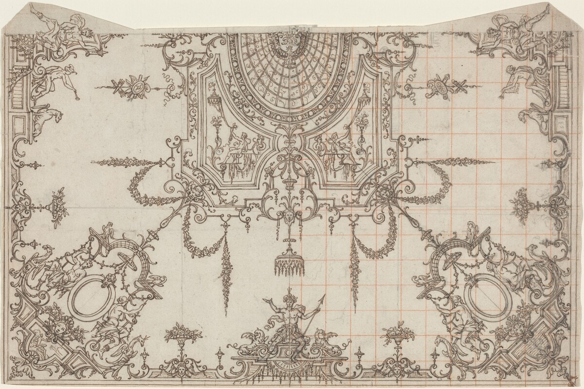 An Elaborate Ceiling with Trellises and Seated Figures