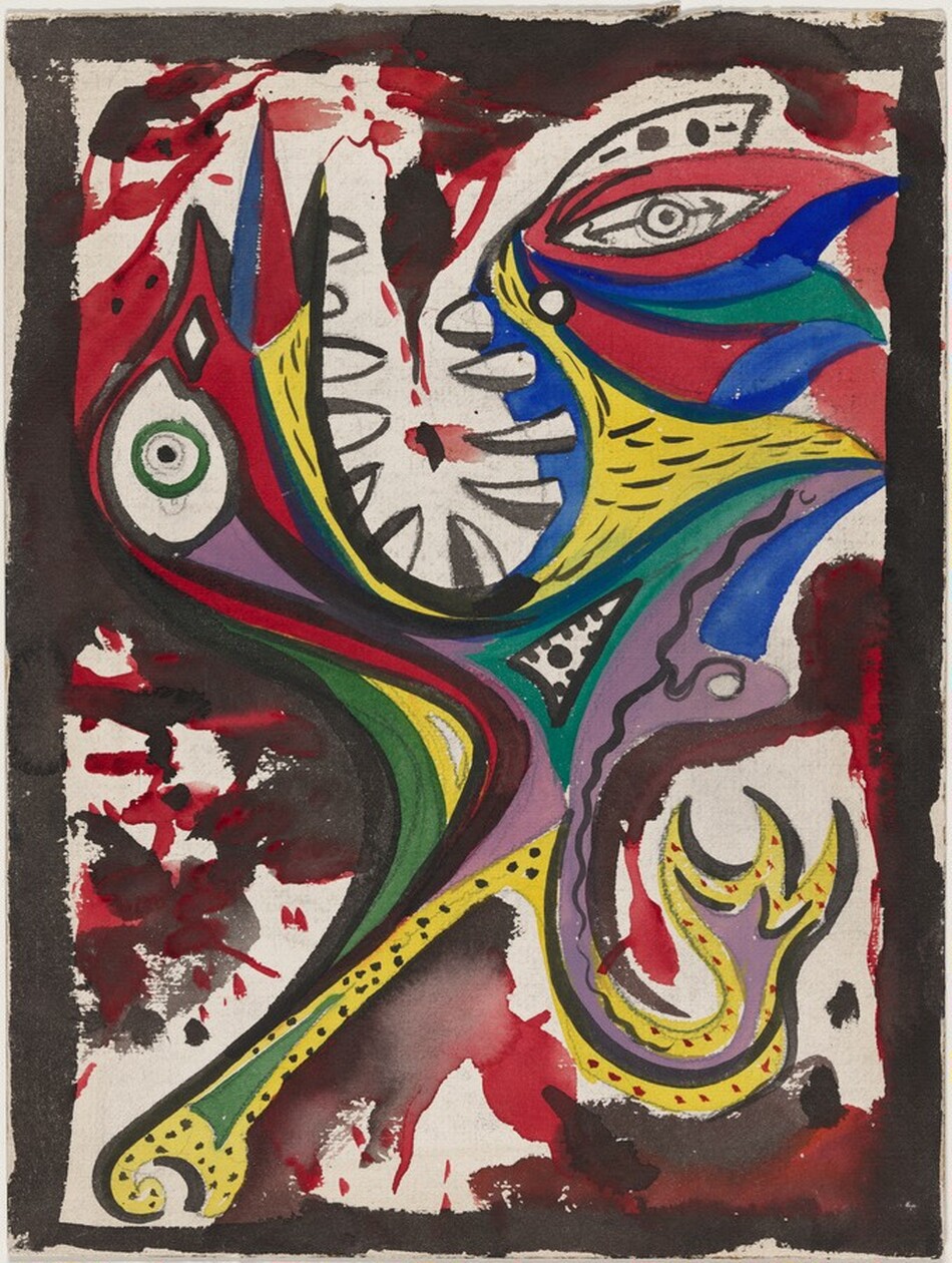 The image showcases sharp, angular shapes mixed with curving lines in bold colors such as red, yellow, blue, green, and purple. The abstract composition suggests a stylized animal, with a prominent eye and sharp teeth-like forms. The colors and shapes merge and contrast across the canvas in a dynamic and vibrant manner.