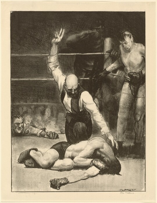 This is a sporting illustration of a boxing match. The depiction shows a referee counting over a boxer who has been knocked down inside a boxing ring. The referee, bald and wearing a vest, appears to be indicating the count with his fingers. The fallen boxer is on the canvas wearing boxing gear, including gloves. Another boxer stands in the background near the ropes, displaying signs of fatigue. A third figure, possibly a trainer or cornerman, is visible near the ropes. The setting is a boxing arena with a blurred crowd in the background, creating a dramatic atmosphere. The drawing uses black and white tones to convey the intensity of the moment.
