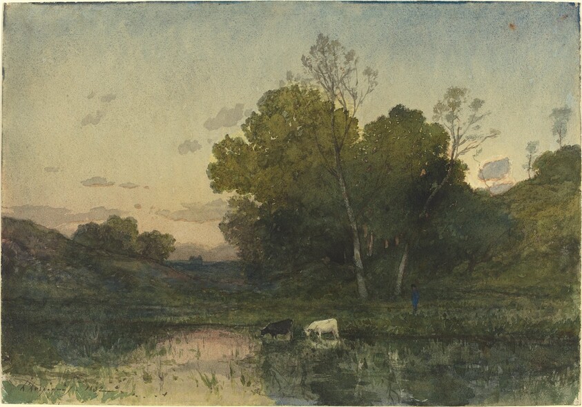 Evening Light on a Wooded Lakeside with Cattle Drinking