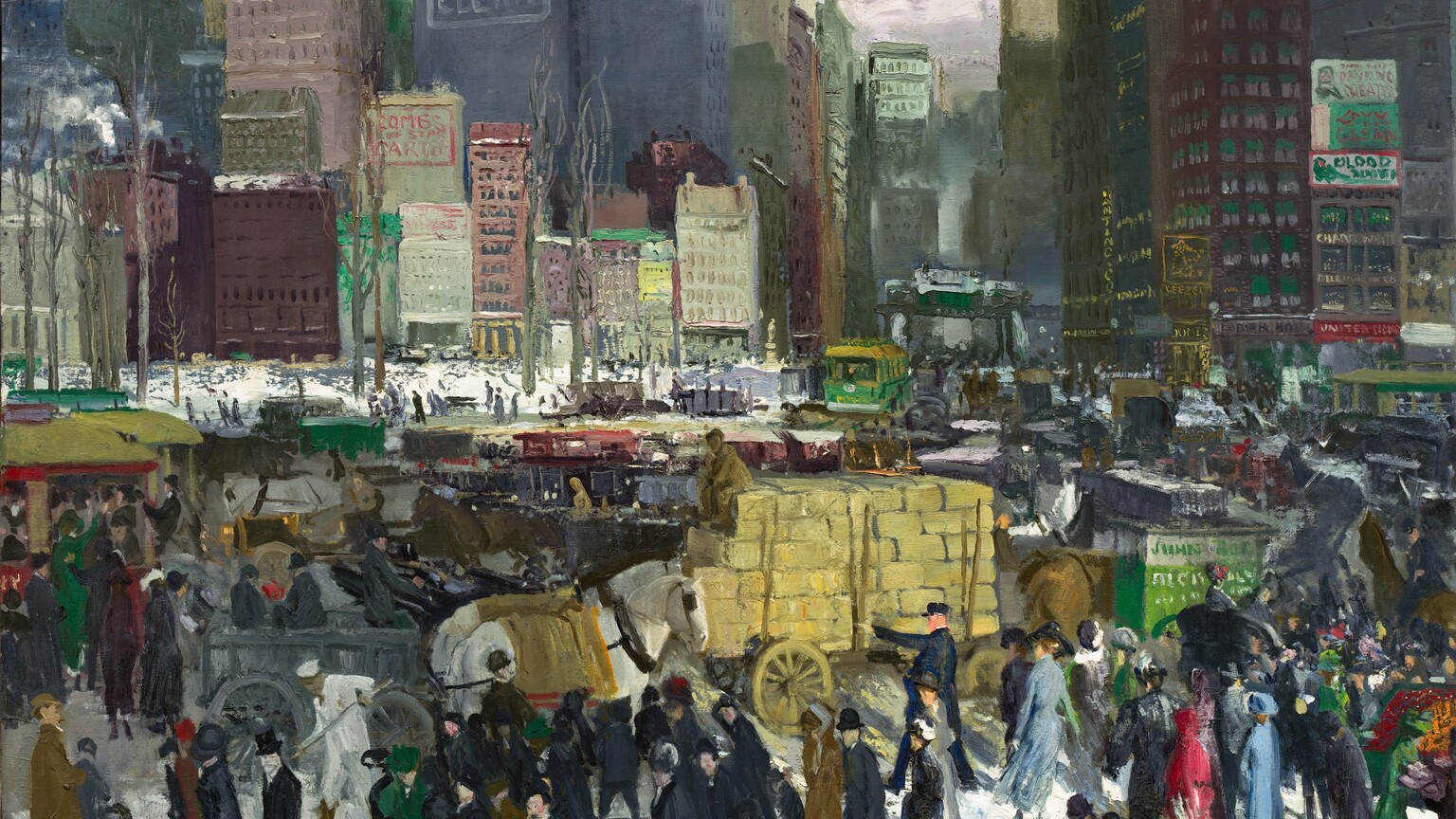We look slightly down onto a crush of pedestrians, horse-drawn carriages, wagons, and streetcars enclosed by a row of densely spaced buildings and skyscrapers opposite us in this horizontal painting. The street in front of us is alive with action but the overall color palette is subdued with burgundy red, grays, and black, punctuated by bright spots of harvest yellow, shamrock green, apple red, and white. Most of the people wear long dark coats and black hats but a few in particular draw the eye. For instance, in a patch of sunlight in the lower right corner, three women wearing light blue, scarlet-red, or emerald-green dresses stand out from the crowd. The sunlight also highlights a white spot on the ground, probably snow, amid the crowd to our right. Beyond the band of people in the street close to us, more people fill in the space around carriages, wagons, and trolleys, and a large horse-drawn cart piled with large yellow blocks, perhaps hay, at the center of the composition. A little in the distance to our left, a few bare trees stand around a patch of white ground. Beyond that, in the top half of the painting, city buildings are blocked in with rectangles of muted red, gray, and tan. Shorter buildings, about six to ten stories high, cluster in front of the taller buildings that reach off the top edge of the painting. The band of skyscrapers is broken only by a gray patch of sky visible in a gap between the buildings to our right of center, along the top of the canvas. White smoke rises from a few chimneys and billboards and advertisements are painted onto the fronts of some of the buildings. The paint is loosely applied, so many of the people and objects are created with only a few swipes of the brush, which makes many of the details indistinct. The artist signed the work with pine-green paint near the lower left corner: “Geo Bellows.”
