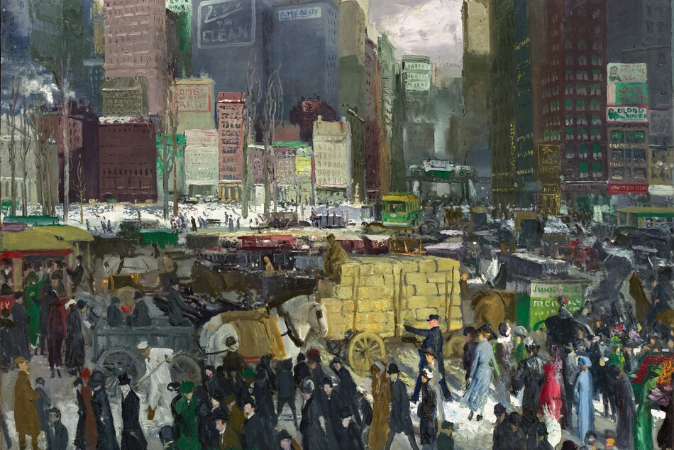 We look slightly down onto a crush of pedestrians, horse-drawn carriages, wagons, and streetcars enclosed by a row of densely spaced buildings and skyscrapers opposite us in this horizontal painting. The street in front of us is alive with action but the overall color palette is subdued with burgundy red, grays, and black, punctuated by bright spots of harvest yellow, shamrock green, apple red, and white. Most of the people wear long dark coats and black hats but a few in particular draw the eye. For instance, in a patch of sunlight in the lower right corner, three women wearing light blue, scarlet-red, or emerald-green dresses stand out from the crowd. The sunlight also highlights a white spot on the ground, probably snow, amid the crowd to our right. Beyond the band of people in the street close to us, more people fill in the space around carriages, wagons, and trolleys, and a large horse-drawn cart piled with large yellow blocks, perhaps hay, at the center of the composition. A little in the distance to our left, a few bare trees stand around a patch of white ground. Beyond that, in the top half of the painting, city buildings are blocked in with rectangles of muted red, gray, and tan. Shorter buildings, about six to ten stories high, cluster in front of the taller buildings that reach off the top edge of the painting. The band of skyscrapers is broken only by a gray patch of sky visible in a gap between the buildings to our right of center, along the top of the canvas. White smoke rises from a few chimneys and billboards and advertisements are painted onto the fronts of some of the buildings. The paint is loosely applied, so many of the people and objects are created with only a few swipes of the brush, which makes many of the details indistinct. The artist signed the work with pine-green paint near the lower left corner: “Geo Bellows.”