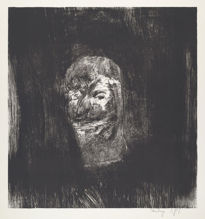 The image shows the head and upper shoulders of a person. The person is facing forward, with abstract and distorted facial features, including an exaggerated nose and sunken eyes. The hair is short and conforms to the shape of the head. The person's clothing is not clearly depicted. There are no visible jewelry or objects in the person's hands. The background is dark and textured, contrasting with the lighter, etched representation of the person's face and head.