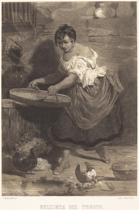 The image shows a woman holding a large circular sieve in a crouching position. She has curly dark hair, expressive eyes, and a small mouth. She is wearing a skirt and an off-the-shoulder blouse with puffed sleeves, along with simple earrings. Several chickens peck around her in a rustic setting with a textured wall and visible pottery.