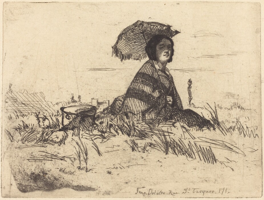 The image shows a woman seated outdoors, holding an open umbrella. She has a casual posture, with one hand on her knee. Her face has a serene expression, and she has dark hair, possibly short or tied up. She wears a long striped garment. Nearby, there is a small object on the grass. The background includes sketch-like grass and distant buildings or rooftops.