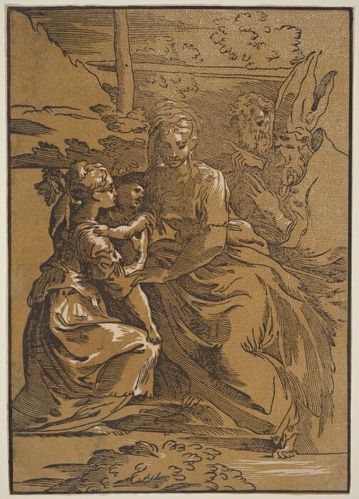 The image depicts a group of figures in a pastoral setting. The figures are positioned in a serene, natural environment, with flowing lines and dynamic postures. They appear to interact closely, suggesting a sense of connection or familial bond. The background consists of stylized trees with foliage in a simplified, almost abstract form. The drawing emphasizes contrast and shadow for depth and movement. The style is reminiscent of classical etchings, focusing on line work and form.