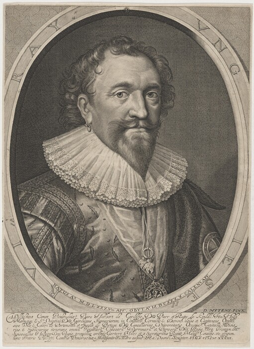 The image is an engraved portrait of a man depicted from the waist up, slightly oriented to the left. He has well-defined facial features, curly hair, a mustache, and a beard. He wears a large lace ruff collar typical of early 17th-century fashion. His clothing is richly detailed with textured fabric, possibly silk, featuring intricate designs. He also wears a round pendant on a chain around his neck and an earring in his left ear. The background is a blank oval frame, surrounded by an outer border inscribed with text.