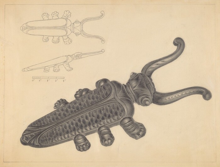 The image is a drawing of an ornate, stylized depiction of a beetle-like creature. It features a large central figure resembling a detailed beetle or insect with exaggerated, large curving antennae and textured body segments. The creature's body is intricately detailed with a pattern of scales or armor-like plates. Below the central figure, there are smaller sketches of the same creature with measurements.