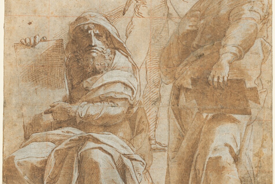 Drawn with brown ink and shaded with tan washes on cream-white paper, two bearded men wearing robes, with a smaller, nude, winged boy between them, fill this vertical drawing. At the center top of the paper, the angel faces us, gazing down to our left with open mouth and eyebrows drawn together. He has curly hair and lifts his muscular right arm, on our left, with his index finger pointed upward. Crosshatched lines define his body, and quick, curved lines shade his outstretched wings. To our right, one man stands with his body facing the center of the sheet but he turns his head to look up off the top right corner. He has curling hair, a wide mustache, and perhaps a goatee, though his chin is partially hidden by a dark spot on the paper. He has broad shoulders, a thick neck, large hands, and a hint of a muscular leg under his flowing, voluminous robes. He holds a flat, oblong object, possibly a stone tablet, perched on his slightly bent left knee. Seated to our left, the other man faces and looks at us. He also grasps a flat, tablet-like object but holds it up, braced on his right thigh, to our left, and points to it with his other hand. This man also is solidly built and swathed in robes, with a hood over his curly hair. He leans forward, knees apart, and stares out with his brows deeply furrowed. His downturned mouth is set in a bushy, curly beard. Near the bottom of the picture, the bare feet of the two men emerge from the folds of their robes. Touches of white washes on the folds of the robes create a sense of light coming from above and to our right, and charcoal lines reinforce the shadows. A grid is lightly drawn in red chalk lines over the composition. A black stamp in the lower left has the letters “E.C” and another at the center reads, “H de T. STAT.”