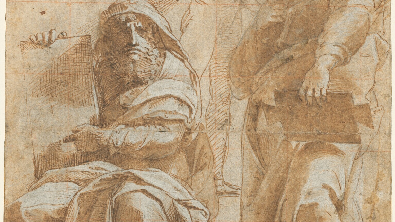 Drawn with brown ink and shaded with tan washes on cream-white paper, two bearded men wearing robes, with a smaller, nude, winged boy between them, fill this vertical drawing. At the center top of the paper, the angel faces us, gazing down to our left with open mouth and eyebrows drawn together. He has curly hair and lifts his muscular right arm, on our left, with his index finger pointed upward. Crosshatched lines define his body, and quick, curved lines shade his outstretched wings. To our right, one man stands with his body facing the center of the sheet but he turns his head to look up off the top right corner. He has curling hair, a wide mustache, and perhaps a goatee, though his chin is partially hidden by a dark spot on the paper. He has broad shoulders, a thick neck, large hands, and a hint of a muscular leg under his flowing, voluminous robes. He holds a flat, oblong object, possibly a stone tablet, perched on his slightly bent left knee. Seated to our left, the other man faces and looks at us. He also grasps a flat, tablet-like object but holds it up, braced on his right thigh, to our left, and points to it with his other hand. This man also is solidly built and swathed in robes, with a hood over his curly hair. He leans forward, knees apart, and stares out with his brows deeply furrowed. His downturned mouth is set in a bushy, curly beard. Near the bottom of the picture, the bare feet of the two men emerge from the folds of their robes. Touches of white washes on the folds of the robes create a sense of light coming from above and to our right, and charcoal lines reinforce the shadows. A grid is lightly drawn in red chalk lines over the composition. A black stamp in the lower left has the letters “E.C” and another at the center reads, “H de T. STAT.”