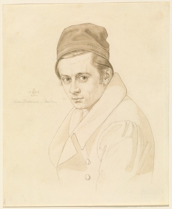 The image shows a person with short, light-colored hair wearing a coat and a cap. The person is facing forward with a calm expression. The background is plain. There is an inscription to the left of the person with the date "1828" and the word "Rome."