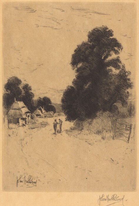 The image features a rural scene with a dirt path extending into the distance. Thatched-roof cottages line the left side of the path with a fence leading towards dense clusters of trees obscuring the horizon. Two figures walk along the path towards the vanishing point. The sky is depicted with light, textured strokes indicating cloud formations. The color scheme is sepia with dark brown tones defining trees and structures. The etching technique is visible with cross-hatching creating texture in trees and along the path. The composition evokes a quiet, pastoral atmosphere.