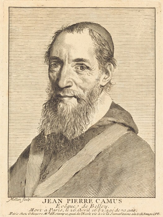 The image is an engraved portrait of a man identified as Jean Pierre Camus, Évêque de Belley. Only his head and part of his chest are visible, with the man in a three-quarter profile facing right. He has a long beard and mustache, high forehead, and thinning hair combed back. He is dressed in a robe or cloak, with no visible jewelry or objects. The background has horizontal lines for texture.