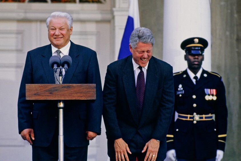 President Bill Clinton Laughs as Boris Yeltsin Teases the Press at Franklin Roosevelt’s Hyde Park Estate, New York