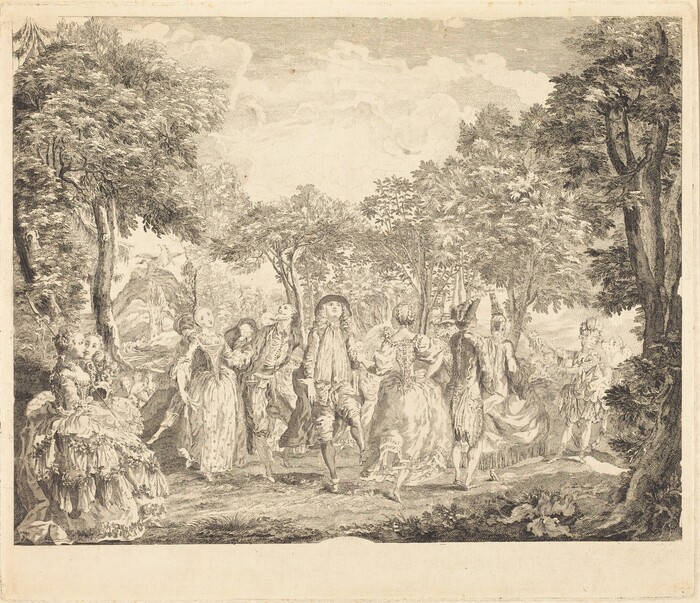 The image shows an etching of a gathering of elegantly dressed figures in an outdoor setting. The horizon line is high in the image, obscured by trees. The detailed line work and cross-hatching give texture and depth. The color palette is monochromatic, using black and white. Closest to us, a group of individuals in opulent attire are engaging in conversation or dance. In the background, trees arch overhead, blending into the lush surroundings.