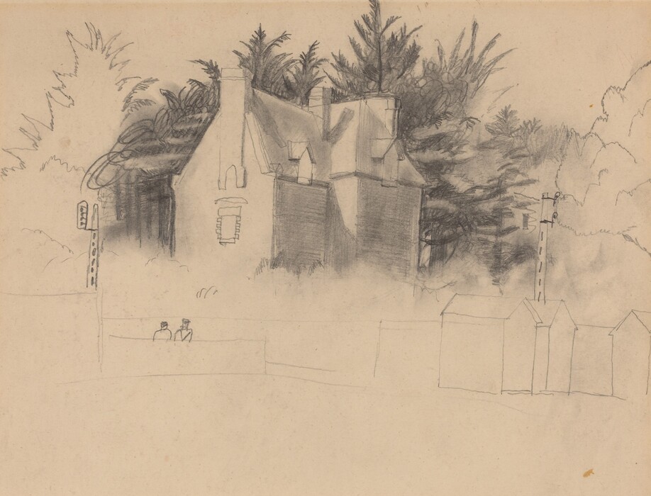 The image features a pencil drawing of a house surrounded by tall trees. The trees are drawn with varying line intensities, creating a textured effect. A pair of figures are seated close to the foreground. The drawing includes structures like telegraph poles and other buildings extending to the right. The sketch uses shades of gray and showcases a mixture of delicate and bold strokes to depict the house and foliage.