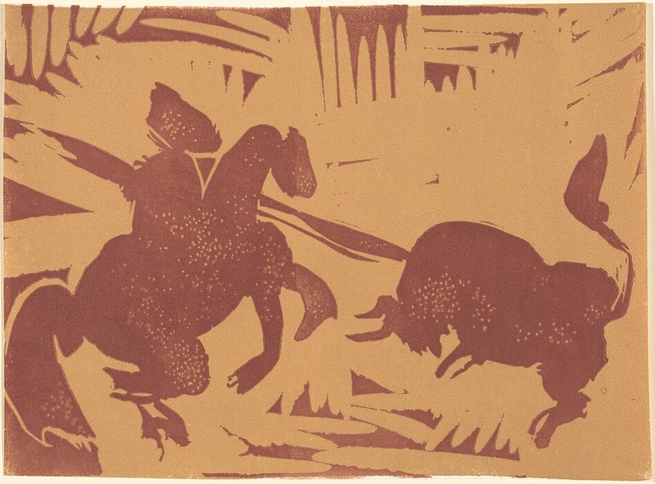 This is a painting of an abstract depiction of a bullfight scene. It portrays the silhouettes of a horse and a bull in confrontation using bold shapes in earthy tones dominated by brown and tan colors. The horse is outlined intricately, capturing its motion, with a rider holding a lance-like object. The abstract approach flattens the forms and uses negative space and simple geometric shapes to suggest movement and tension. The painting conveys the drama of a traditional bullfight through stark contrasts and minimalist details. A dust-like pattern is visible on the figures, adding texture and depth. The style is reminiscent of Pablo Picasso.