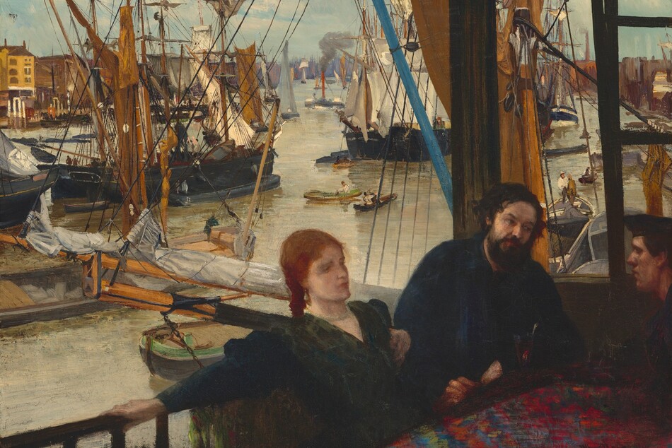 We look slightly down at a woman with pale skin and two men with ruddy complexions sitting at a table near a railing overlooking a boat-clogged waterway in this horizontal painting. Only the corner of the table is visible in the lower right corner of the canvas. The woman sits next to one man on the far side of the table, and the third person leans onto the table from our right, along the edge of the composition. The table is covered with a dark, ruby-red, floral cloth. The red-haired woman wears a dark green dress and leans back, extending her right arm along the railing. Her back is to the river below, and she gazes directly ahead, to our right. The dark-haired, bearded man sitting to her left, our right, leans toward the cleanshaven, dark-haired man sitting across from him. That second man wears a cap, and he has a prominent nose and square jaw. Sailboats, rowboats, a steamship, and vessels of every size occupy much of the waterway. Rows of buildings extend along the river to our left and right, and trees line the distant horizon at the center of the painting. The river is a tan color and the pale blue sky is hazy.