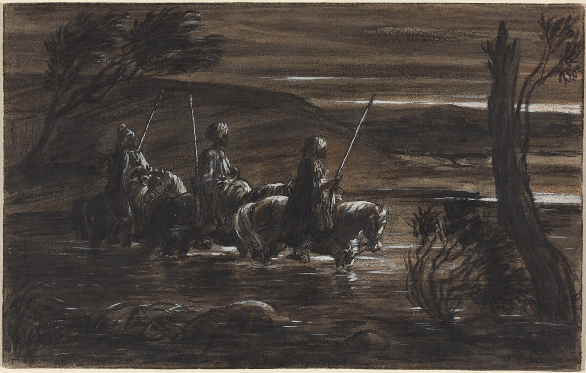 Three Arab Horsemen Crossing a River