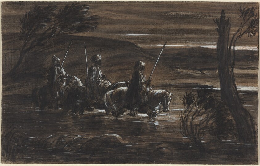 Three Arab Horsemen Crossing a River