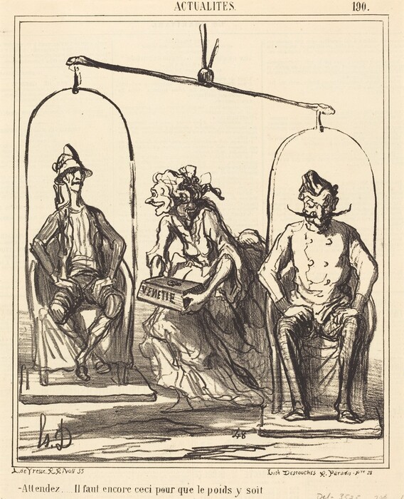 This is a drawing of three figures. Two figures are seated on makeshift scales while a third figure adds a box labeled "Venetie". The drawing features a humorous or satirical scene where figures are being weighed on the scales. The scales are suspended from a horizontal beam and the drawing is in a style typical of satirical cartoons or caricatures. The characters are exaggerated in their features, emphasizing the underlying message or criticism of the artwork.