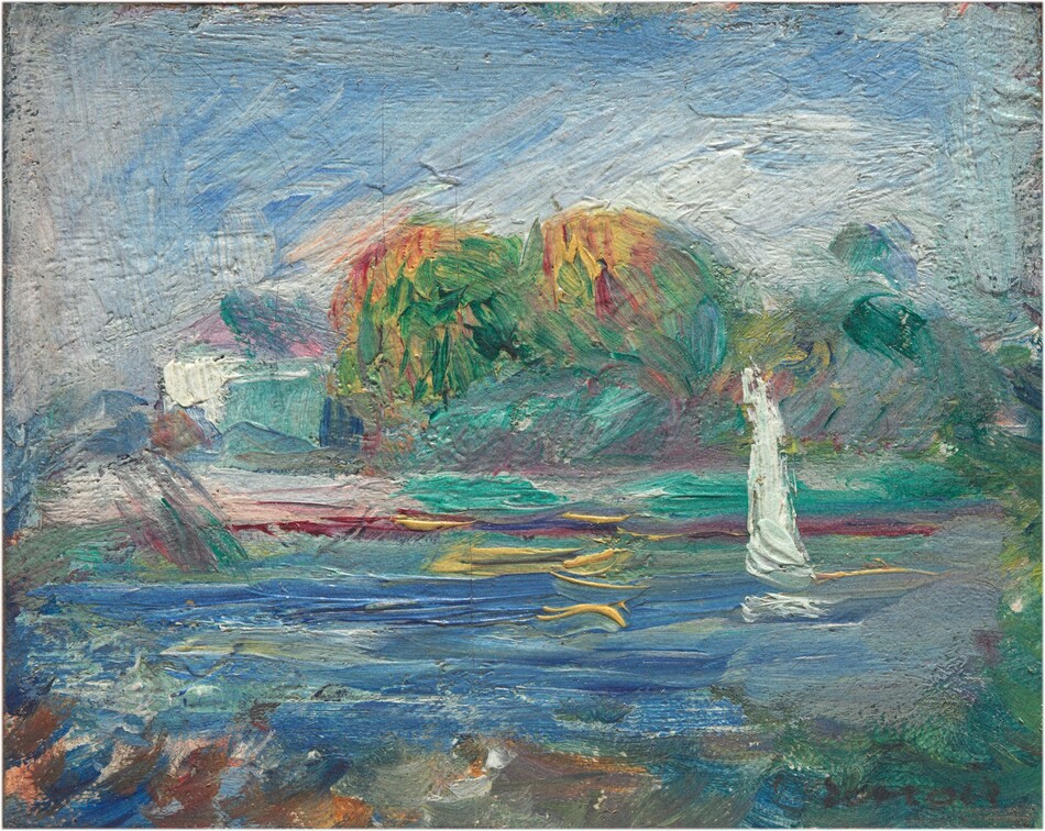 Jewel-toned blue, red, yellow, green, and pearl white brushstrokes swirl and stretch in this loosely painted horizontal landscape painting. The thick texture of the paint throughout evokes the sense of touch, even in this digital reproduction. Cobalt-blue streaks nearly fill the lower half of the composition. Terracotta-orange dabs in the lower left corner suggest rocks and blocky strokes of green in the lower right vegetation. An elongated white triangle to our right in the blue area suggests a sailboat. The far riverbank is painted with thin bands of ruby red, grapefruit pink, and teal green. Trees painted as puffy forms above are layered with wine red, forest green, and canary yellow. Yellow streaks in the water below suggest reflections. The sky is a patchwork of white, azure blue, and touches of lavender purple. The artist signed the lower right corner, “renoir.”
