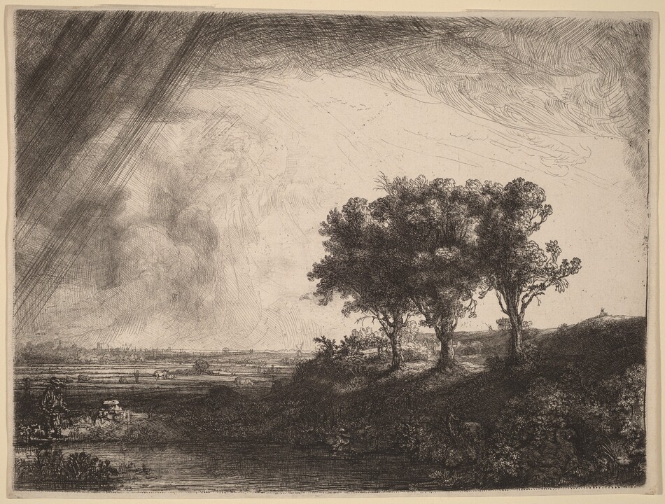 Printed with deep, black shadows and swirling or straight lines on cream-white paper, three trees stand on a grassy bank alongside a body of water, probably a river or canal, in this horizontal etching, engraving, and drypoint. The grassy bank reaches almost two-thirds of the way across the composition from the right edge. At least two people, a horse-drawn wagon or carriage filled with more people, and a town, all minuscule in scale, are tucked under or beyond the trees. The face of the bank directly opposite us is dark in shadow, and the details of plants and the waterline are hard to make out. The bank tapers down so the distant horizon, which comes about a third of the way up the composition, stretches across the left half of the print. One person sits and one stands, fishing, by the water in the lower left corner. People work and cows stand or lie in the flat field beyond the water. Buildings and windmills created with a few strokes of the burin or etching needle are tiny in the far distance. The deeply shaded three trees are outlined starkly against the white sky. Dark clouds pour across the top of the sheet and enter along the left edge, and diagonal lines across the top left corner suggests falling rain. The artist signed and dated the print among grasses in the lower left corner of the printed image: “Rembrandt f. 1643.”