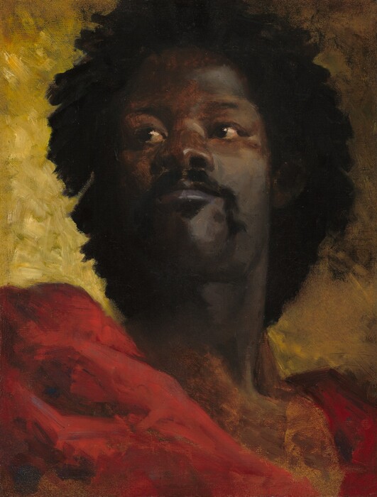 Shown from the shoulders up and from a low vantage point, a man with dark brown skin and black hair looks up and to our left in this vertical portrait painting. His shoulders are angled to our right, but he turns his head to look off with dark eyes. His lower lip comes slightly forward from the upper, and his mustache continues in lines from the corners of his mouth down to his square jawline. His hair creates a halo around his face, and a crimson-red cloth wraps across his shoulders. He is lit from our upper right, and the background brightens from golden yellow along the right edge of the canvas to vivid, shimmering yellow to the left. The portrait is loosely painted, especially in the clothing and the background.
