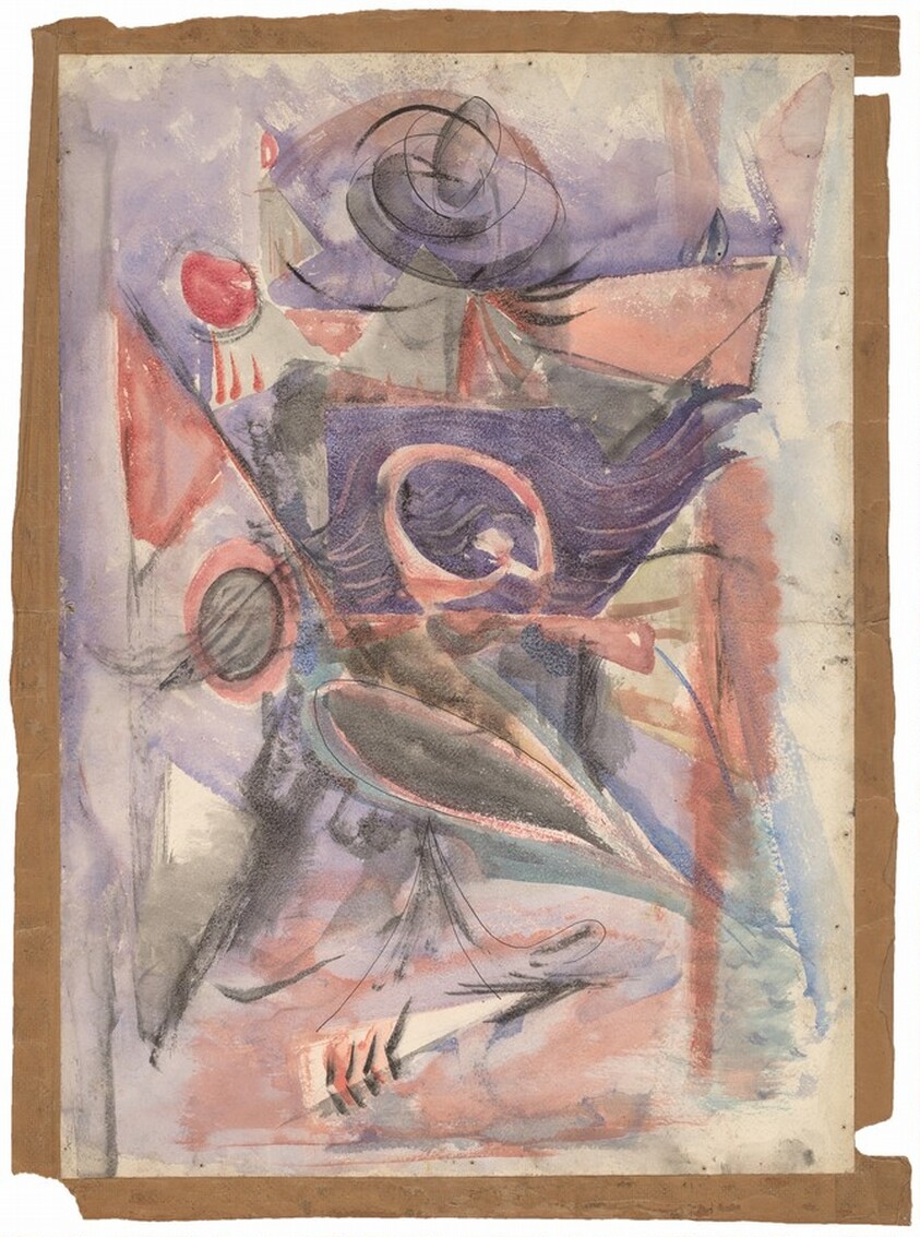 Abstract Composition in Purple, Blue, Pink, Black, and Gray