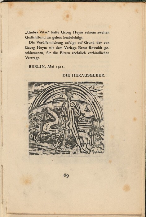 This is a drawing of a stylized human figure with a rainbow above, set in a landscape. The illustration is on a page of printed German text. The drawing shows a geometric human figure standing with a rainbow above. In the background are elements of a landscape, including a small structure resembling a house and vegetation. The illustration's style is bold and contrasting, resembling a woodcut or engraving technique. The page shows signs of aging with discoloration and spots.