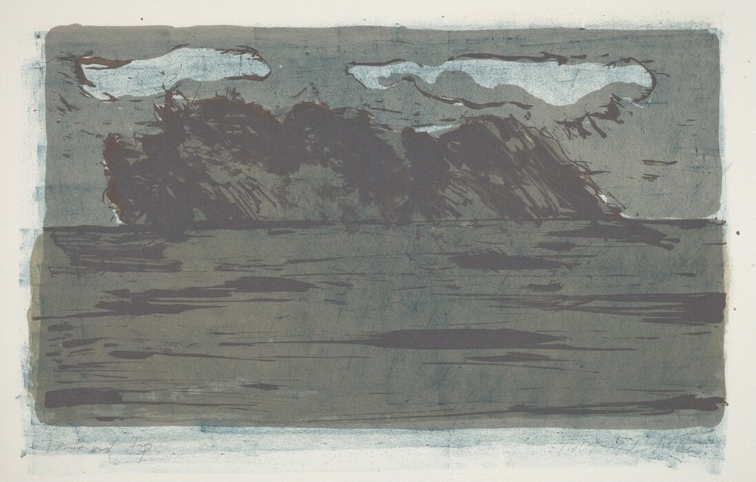 The image shows a landscape with a low horizon, water, dark landmasses in the distance, textured rocky terrain, clouds in the sky, an impressionistic style, muted color palette, and a somber atmosphere.