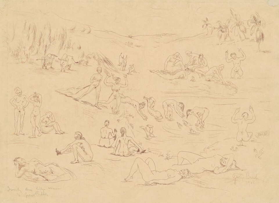 This is a drawing of nude figures near a body of water. The figures are engaged in various activities like lounging on the grass, diving into a pond, and interacting with each other. The background features minimal detailing of palm trees and distant hills. The drawing conveys a sense of relaxation and natural beauty.