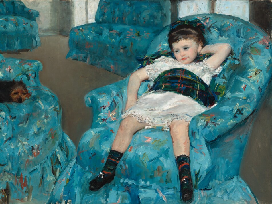 A small brown dog and a pale-skinned little girl wearing a white dress sit in matching celestial-blue armchairs in this horizontal painting. To our right, the girl sits with her legs angled to our left. She slumps back with her legs spread, and her left elbow, on our right, is bent so that hand rests behind her head. Her other elbow is draped over the armrest. Her dark brown hair appears to be pulled back, and tawny brown eyes under faint brows gaze down and to our left. She has a small nose set in a round face and a coral-pink mouth closed in a straight line. Her white dress has touches of gray, soft pink, and powder blue with a wide plaid sash around her waist. The pine-green, black, and sapphire-blue sash is accented with overlapping vertical and horizontal lines of burnt orange, light blue, and mustard yellow. Her socks match her sash and come up to mid-calf, over black shoes with silver buckles. The small dog has scruffy black fur and a russet-brown face. It lies curled in the chair opposite the girl, to our left, with its eyes closed and ears pricked up. The rounded backs of the upholstered chairs curve down to become the low arms. The vivid and light blue fabric of the chairs is scattered with loosely painted strokes of avocado and forest green, peach pink, cherry red, plum purple, and white. Beyond the chairs closest to us is another armchair and an armless loveseat, both covered with the same fabric. They sit at the back of the room, in a corner flooded with silvery light coming through four windows on the right side. The furniture is arranged on a peanut-brown floor. The artist signed in the lower left, “Mary Cassatt.”