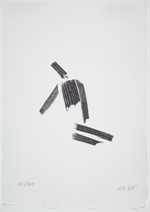 The image displays bold, black lines and rectangular shapes creating an abstract composition on a white background. The lines resemble brush strokes and suggest construction beams or fragmented wood planks, conveying a deconstructed or minimalist structure. The simple arrangement invites viewers to contemplate the composition.