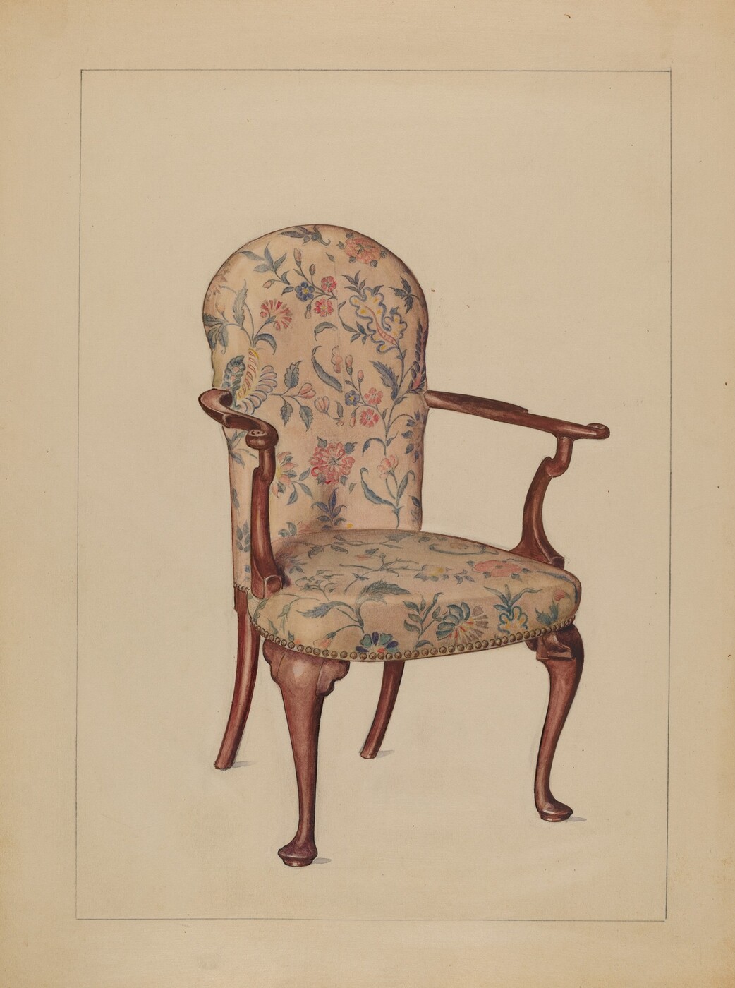 The image shows an upholstered armchair with a curved back, decorated with a floral pattern. The upholstery has a beige background with floral designs in red, blue, yellow, and green. The wooden legs and armrests are reddish-brown. The chair is positioned centrally in the image, displaying a three-quarter view of the floral upholstery and wooden features against a plain background.