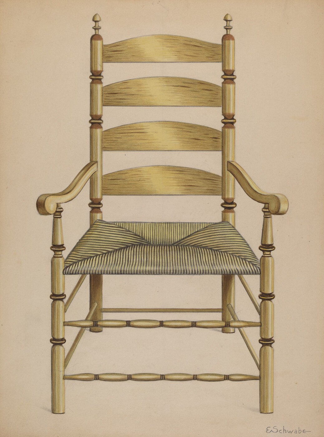The image shows a wooden armchair with a high back and four horizontal slats. The seat is woven, possibly with rush or cane material. The chair has turned legs and arm supports with a natural wood finish. The color palette includes warm earthy tones like beige, light brown, and some darker brown in the weaving. The chair is centrally positioned in the image with symmetrical and balanced appearance, inviting focus on its craftsmanship and details.