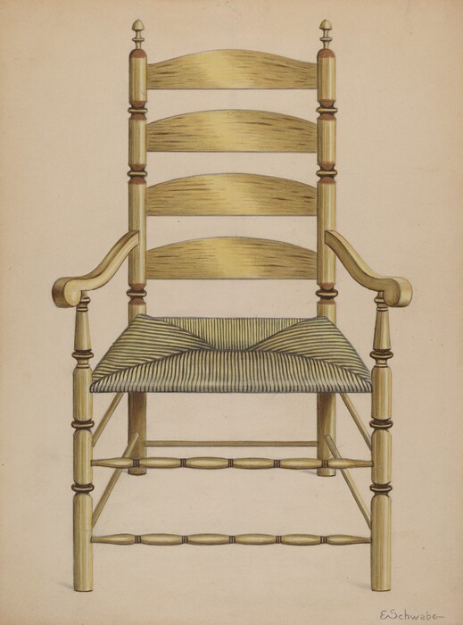 The image shows a wooden armchair with a high back and four horizontal slats. The seat is woven, possibly with rush or cane material. The chair has turned legs and arm supports with a natural wood finish. The color palette includes warm earthy tones like beige, light brown, and some darker brown in the weaving. The chair is centrally positioned in the image with symmetrical and balanced appearance, inviting focus on its craftsmanship and details.