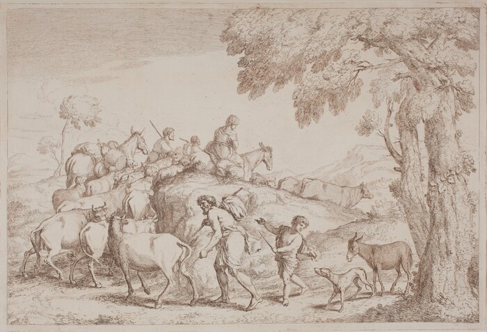 The image depicts a pastoral scene with people and animals on a journey. The vantage point is elevated, showing the group below, with trees in the distance. The intricate line work details the animals, clothing, and trees. The color scheme is sepia and brown, creating an earthy tone. Two figures lead the procession close to the viewer, while more figures and animals are seen in the distance. A large tree frames the scene on the right side.