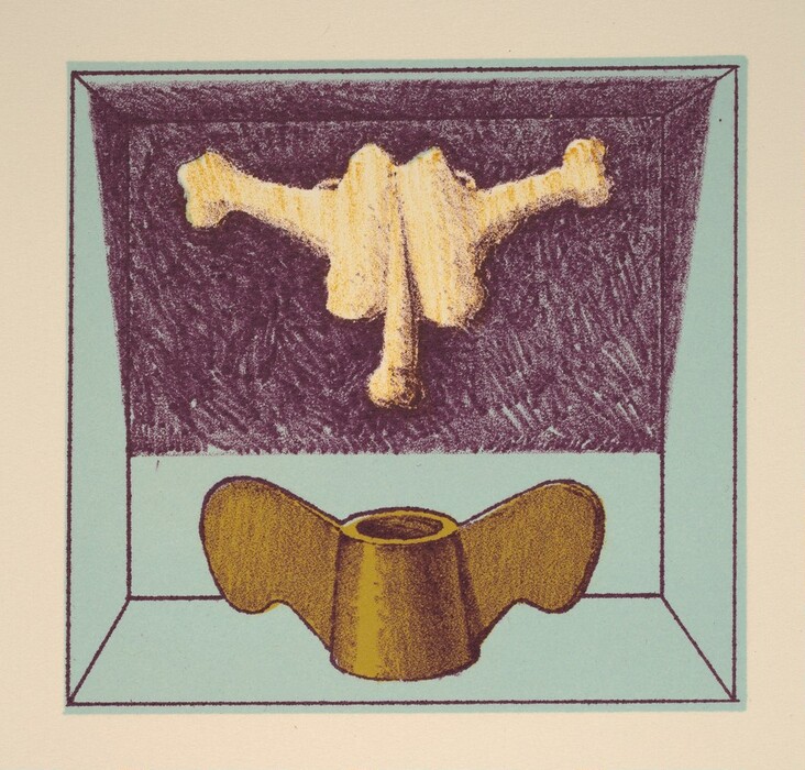 The image shows angular lines forming a box structure with a contrasting interior. Inside, there are two abstract shapes: one resembling crossed bones or a winged form, and the other resembling a spool or a bell with flattened sides. The artwork uses an abstract style with hazy color and texture, inviting viewers to interpret the forms.