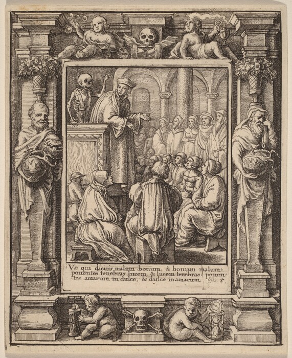 This is a drawing of a medieval scholarly scene. The central image shows a scholarly figure standing at a podium, with an audience seated below, all dressed in medieval attire. The scene is surrounded by architectural columns and arches. The border features classical motifs including cherubs, skulls, and gargoyles. The bottom inscription is in Latin.