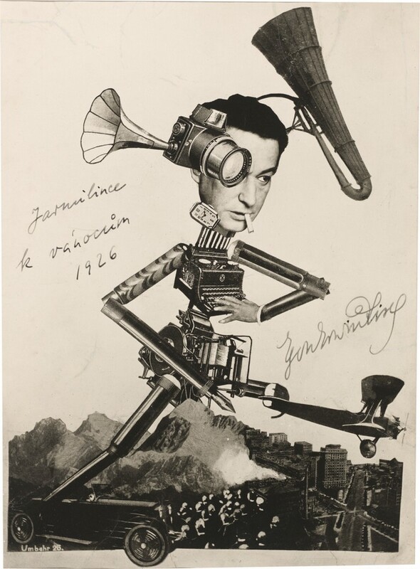 A humanoid form is made of a human head and mechanical parts for the body in this vertical, black and white photomontage. The face appears to be pale skinned with dark hair, and he smokes a cigarette. A camera overlaps one eye, and two gramophone horns extend from the man’s head. A wristwatch reading 10:10 encircles the neck like a choker. The torso is made of a typewriter over a printing press. A biplane extends from the person’s groin to nearly reach the right edge of the composition. The arms are made of up tubes or pipes. One hand is human and the fingers rest on the typewriter. The other hand ends with a fountain pen tip. The humanoid strides across a mountain range toward a city, as cannons and soldiers fire from below. The scale shifts dramatically from the soldiers, who are indistinct and blurry but close to us, to the orderly city blocks in the distance to the right. The artist wrote on the photograph in black ink: “Jarmilence k vánocum 1926” to the left of the figure and “Egon Erwin Kisch” to the right. The photographic negative was inscribed so white letters in the bottom left corner read “Umbher 26.”