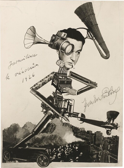 A humanoid form is made of a human head and mechanical parts for the body in this vertical, black and white photomontage. The face appears to be pale skinned with dark hair, and he smokes a cigarette. A camera overlaps one eye, and two gramophone horns extend from the man’s head. A wristwatch reading 10:10 encircles the neck like a choker. The torso is made of a typewriter over a printing press. A biplane extends from the person’s groin to nearly reach the right edge of the composition. The arms are made of up tubes or pipes. One hand is human and the fingers rest on the typewriter. The other hand ends with a fountain pen tip. The humanoid strides across a mountain range toward a city, as cannons and soldiers fire from below. The scale shifts dramatically from the soldiers, who are indistinct and blurry but close to us, to the orderly city blocks in the distance to the right. The artist wrote on the photograph in black ink: “Jarmilence k vánocum 1926” to the left of the figure and “Egon Erwin Kisch” to the right. The photographic negative was inscribed so white letters in the bottom left corner read “Umbher 26.”