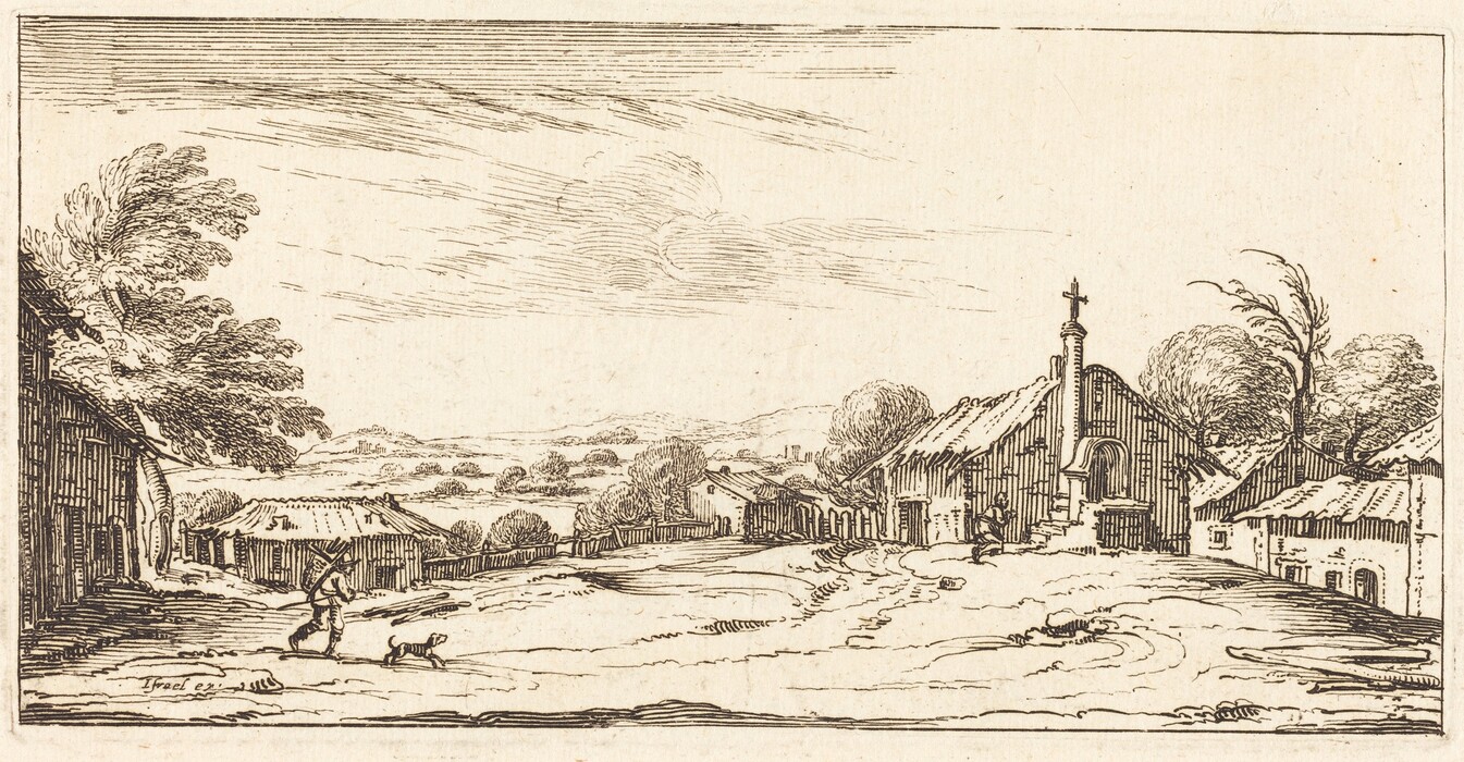 The image shows a pastoral scene with a view of a landscape from a slightly elevated perspective. The horizon line is visible, with hills rising above it and a village nestled on the horizon. The artwork features intricate line work typical of etching, conveying texture and depth through lines and hatching. The monochrome color palette consists of blacks and browns on a cream background. A figure walks with a dog, and a row of buildings is depicted along with trees framing the scene. The land extends into gentle slopes with structures in the distance.